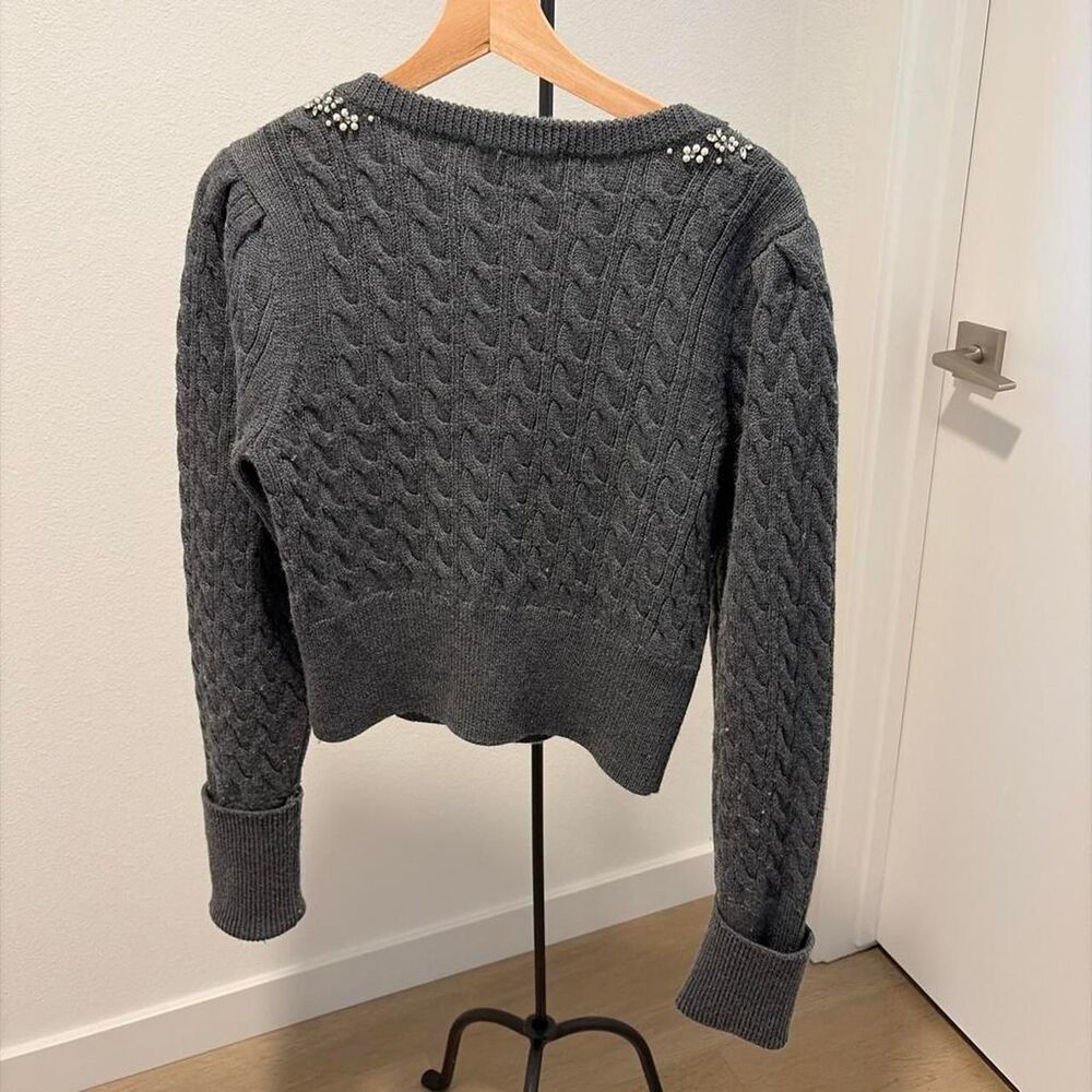 LoveShackFancy Charcoal Grey 100% Merino Wool Pearl Embellished Cardigan - Picture 3 of 6